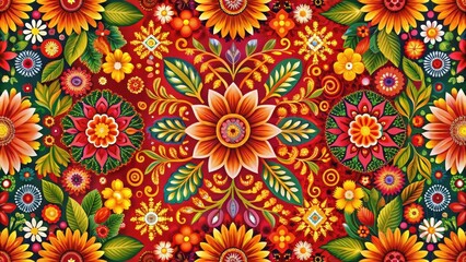 Colorful Aztec floral wallpaper featuring intricate designs and vibrant hues with a mix of reds