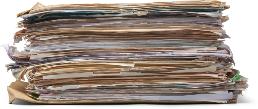 stack of documents, pile of old used disorganized papers stored isolated white background, disorganization or messy arrangement, backlog of paperwork or unfinished tasks concept