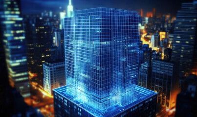 A skyscraper composed of blue light and shadow lines in the city