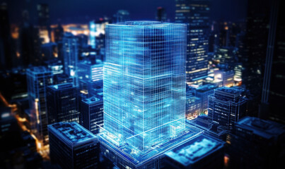 A skyscraper composed of blue light and shadow lines in the city
