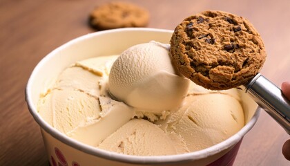 Scooping Ice Cream from a Tub with a Warm Cookie