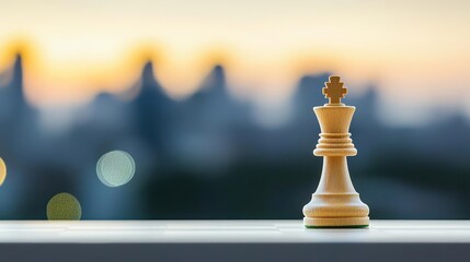 Chess King Piece Against Sunset Cityscape