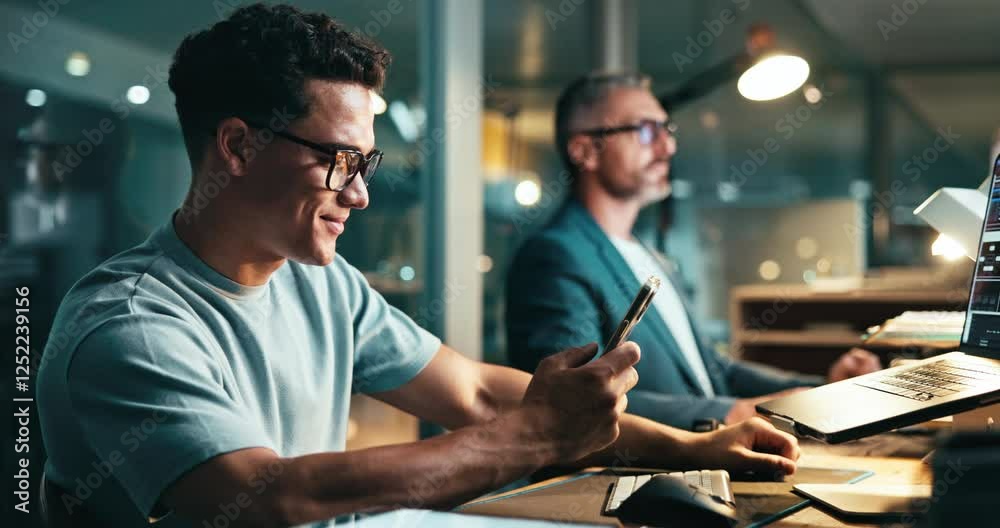 Poster night, texting and man with smartphone, coworking and connection for message in office and smile. wo