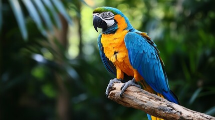 Blue-gold macaw perched, jungle background, wildlife