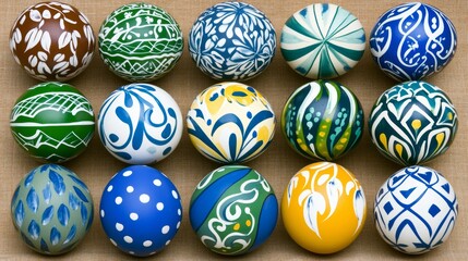 Obraz premium Fifteen Patterned Spheres Arranged in Three Rows Displaying Various Painted Designs.