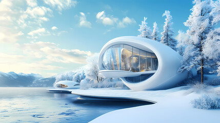 Shapeshifting architectural material adapting to snowy landscape. Metamorphic Architecture. Illustration