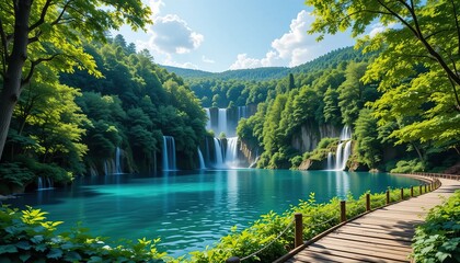 a stunning turquoise lake surrounded by lush green forests, multiple cascading waterfalls, and a serene wooden pathway, creating a peaceful and picturesque nature escape.