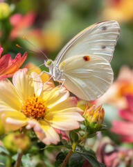 Delicate White Butterfly perched on Vibrant Flowering Garden Plants