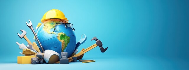 Global Construction Earth Under Construction:  A 3D Rendering of Earth Wearing a Hard Hat and Safety Glasses Surrounded by Construction Tools