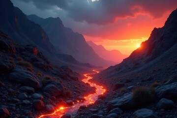 Fiery Orange Glow illuminates vast rocky terrain, glowing, fiery