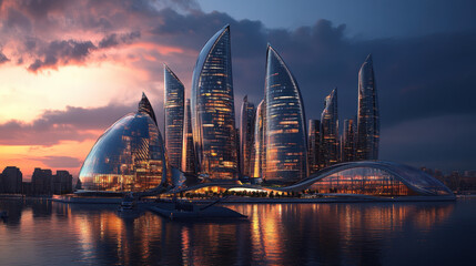 Fototapeta premium Modern Urban Skyline at Dusk with Reflective Glass Architecture