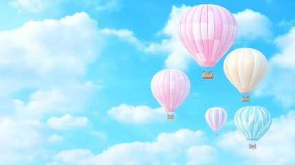 Fototapeta premium Five Colorful Hot Air Balloons Floating Upward Through White Clouds Against Blue Sky Background.