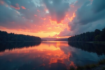 Obraz premium Muted orange tones fade into a tranquil evening sky above the lake, clouds, sky,