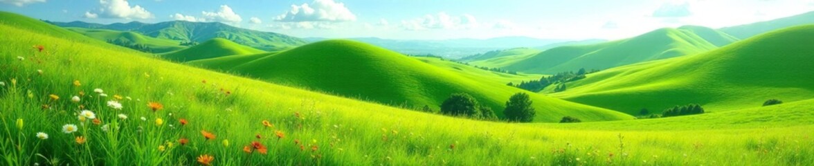 Fototapeta premium Rolling hills of emerald green with wildflowers swaying gently in the breeze, countryside, scenery