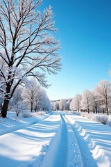 Obraz premium Snowy landscape with bare trees under a bright blue sky, winter, cold, landscape