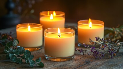 Four glowing candles surrounded by greenery, creating a warm ambiance.