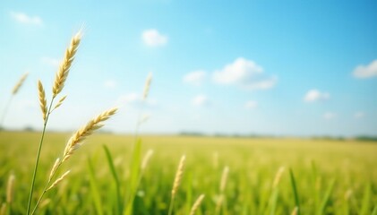 Obraz premium Soft focus of tall grasses against bright blue summer sky, spring, kansas, soft focus