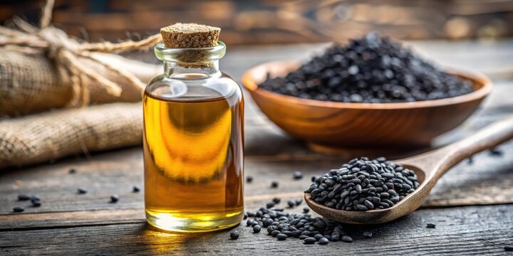 Close-up of black cumin oil bottle on table with selective focus, wellness