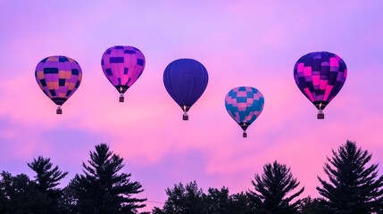 Fototapeta premium Five Hot Air Balloons Ascending in Purple Twilight Sky Over Silhouetted Trees Landscape.