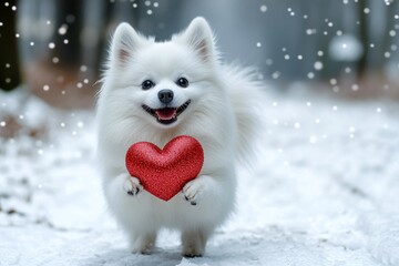 Promotion companion layout art. American eskimo dog - my cherished dog, symbol of friendship. Cute american eskimo dog hound with sparkling rhinestones red heart on a walk in a winter green spa.