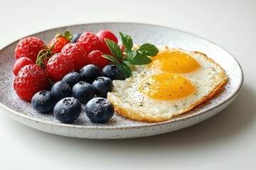 Delicious Breakfast Plate with Eggs and Fresh Berries on Table