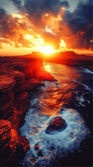 Stunning Vector Art of a Dramatic Ocean Sunset with Rocky Cliffs, Vibrant Skies, and Majestic Waves Capturing Nature's Beauty and Serenity at Golden Hour