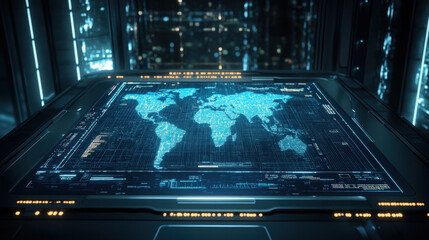 Futuristic Digital World Map Display in High-Tech Control Room