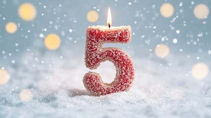 A Festive Five-Shaped Candle Glows on a Snowy Surface Amidst a Winter Wonderland with Soft Bokeh and Sparkling Snowflakes for Holiday Celebrations