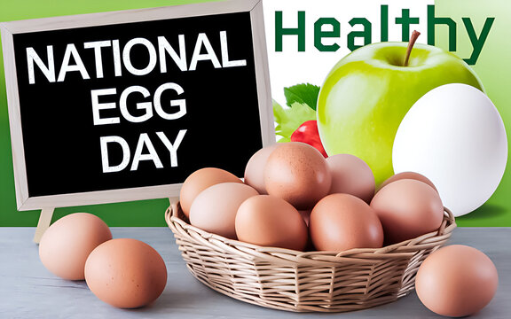 A composite image of a table with a basket of brown eggs. There is a chalkboard behind the table with the text "National Egg Day". In the background, there's a healthy eating poster with a green apple