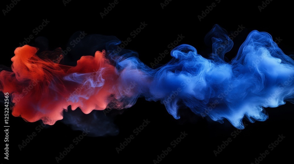 Poster red and blue ink swirling underwater, artistic abstract design. fluid dynamics and color mixing conc