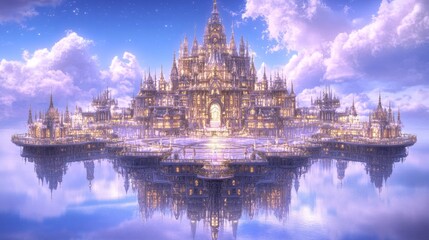 Obraz premium Floating Palace In Sky With Glowing Windows On Cloudy Day Celestial Kingdom Architecture.