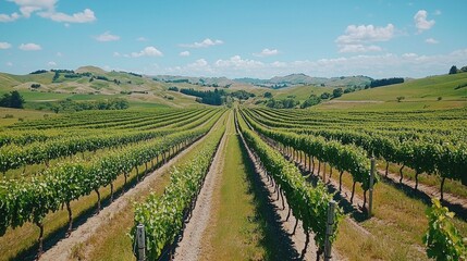 Fototapeta premium Lush Vineyard Landscape Under Blue Sky with Rolling Green Hills