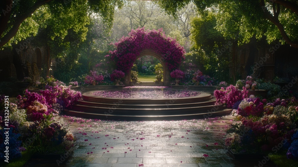 Wall mural Floral Archway in a Lush Garden Setting with Petals Scattered on Stone Floor.