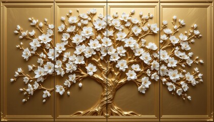 Golden cherry blossom tree with delicate white flowers on a luxurious panel, intricate floral design, 3D embossed artwork, nature-inspired decor, elegant wall art.