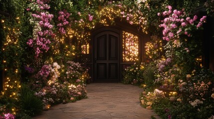 Fototapeta premium Floral Archway with Twinkling Lights Leading to Dark Doorway Amid Lush Greenery and Pink Roses.