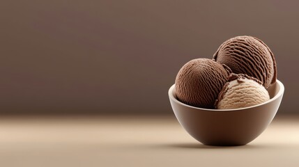 Chocolate Ice Cream Scoops in a Bowl on a Minimalist Background