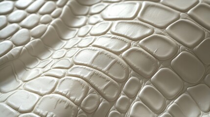 A close-up view of textured, patterned material resembling crocodile skin in a light color, showcasing intricate details and a glossy finish.
