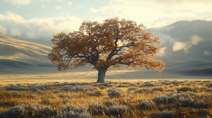 Fototapeta premium Solitary autumn tree in mountain valley sunrise