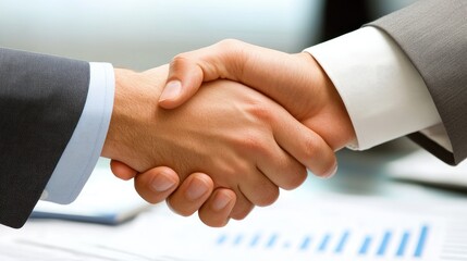 Obraz premium Sealed Deal: Two businesspeople confidently shake hands, signifying a successful partnership or agreement. The image conveys trust, collaboration, and mutual success.