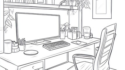Line drawing of a home office workspace (1)