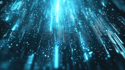 Obraz premium Digital Stream: Abstract digital art background of glowing blue streaks and lines shooting upwards, creating an optical illusion of energy and motion.