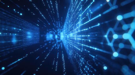 Obraz premium Digital Data Stream: Abstract representation of a high-speed digital data stream flowing through a digital tunnel, glowing with vibrant blue light.