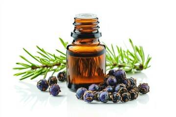 Amber Bottle of Essential Oil with Juniper Berries and Sprigs
