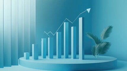 Blue Sky Growth: An upward-trending bar graph with a bright blue gradient symbolizes growth, progress, and success, set against a serene blue background.  
