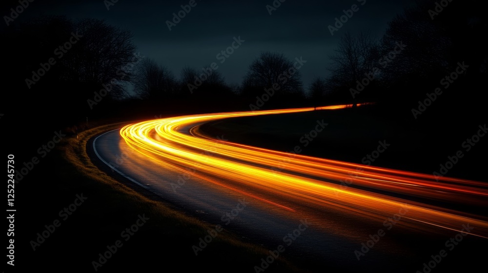 Poster curving road with light trails at night, dynamic movement and speed concept