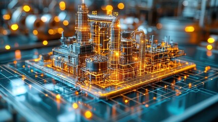 Futuristic Industrial Complex Blueprint with Glowing Network Connection