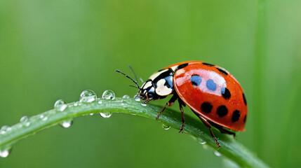 Fototapeta premium Vibrant close up of a red ladybug with black spots resting on a fresh green leaf covered in dew drops, captured in stunning macro detail within its natural habitat
