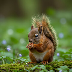 Obraz premium Red Squirrel Eating Nuts on Mossy Log in Forest