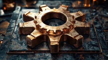 Golden gear mechanism on a textured platform illuminated with luster