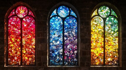 Fototapeta premium Colorful stained glass church windows, sunlight, stone wall, religious architecture, interior design